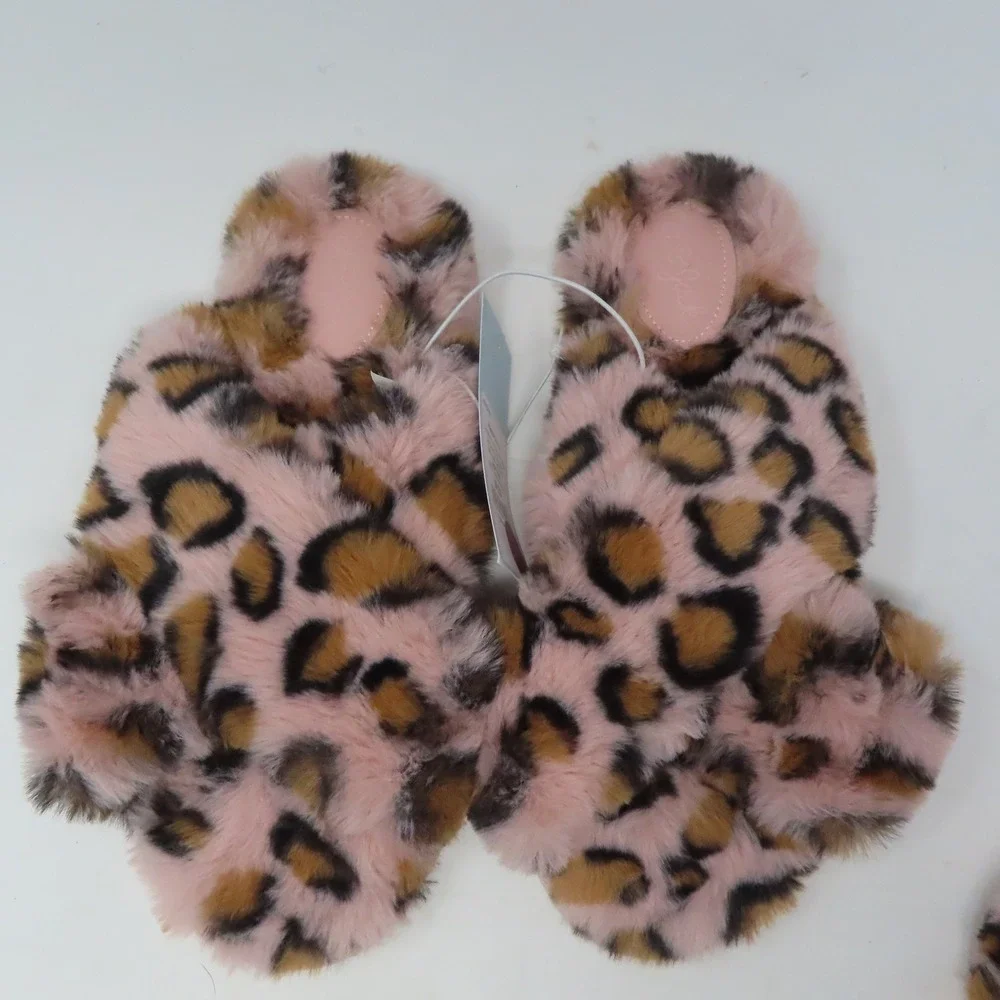Cat & Jack Girls Pink Leopard Faux Fur‎ Criss Cross Slippers Medium 2/3 Brooklyn